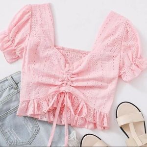 Plus Eyelet Embroidery Drawstring Shirred Blouse